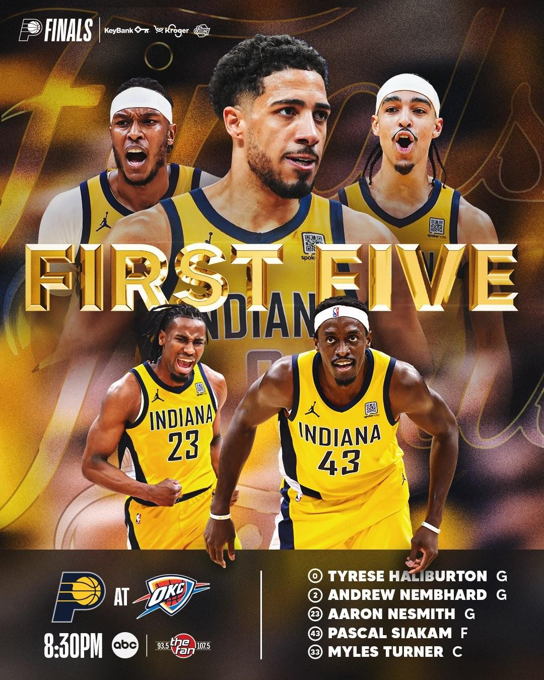 NBA总决赛G1首发：步行者保持原阵容，雷霆调整战术，使用华莱士替代哈滕